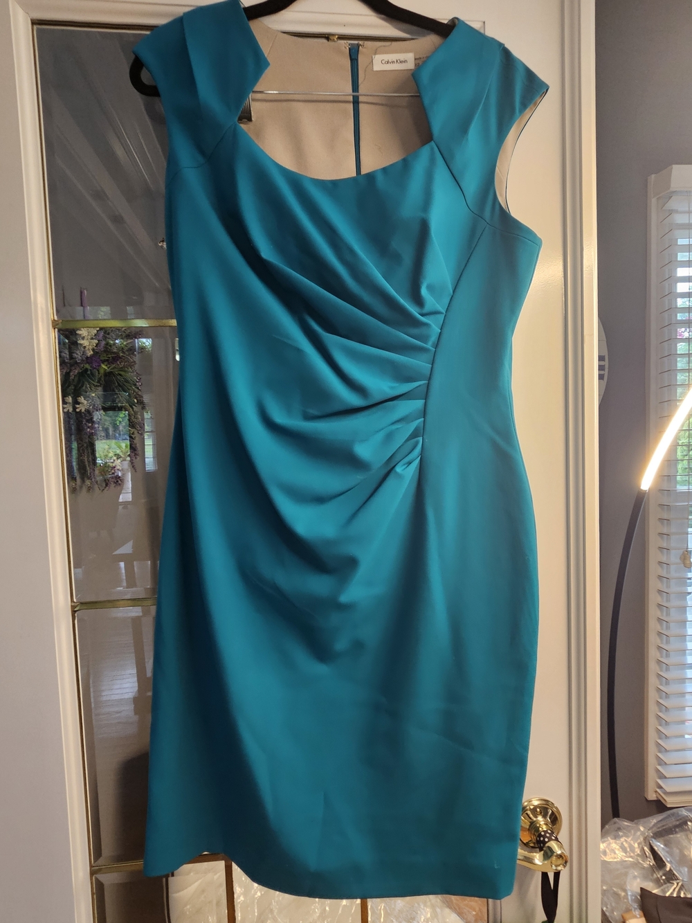 Calvin Klein Teal Cap-Sleeve Sheath Dress with Side Ruching